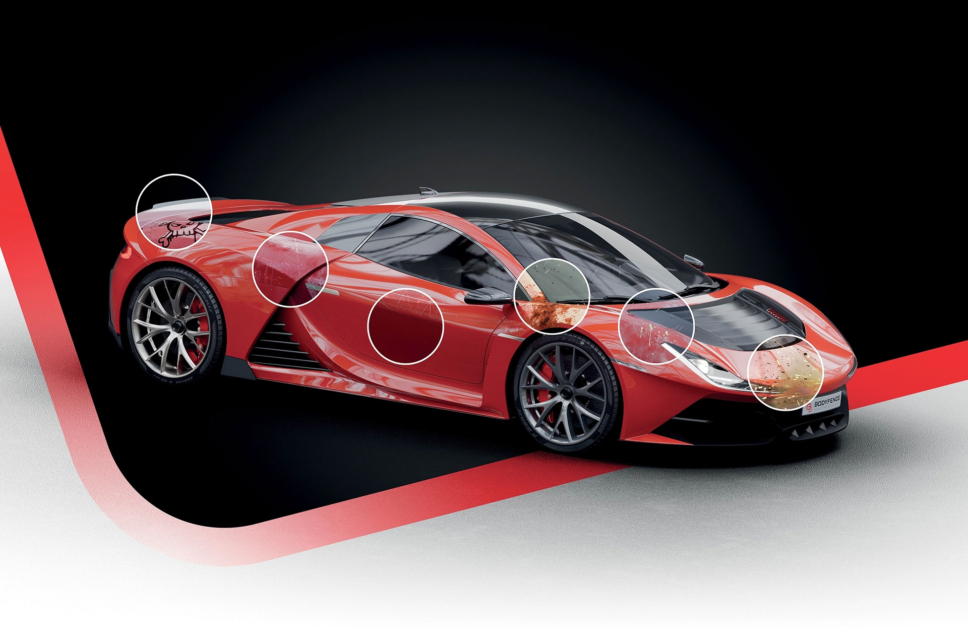 Red sports car demonstrating BODYFENCE paint protection zones